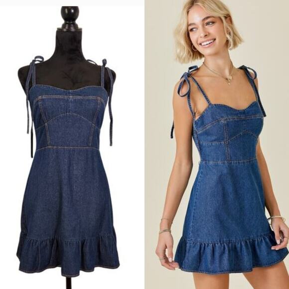 Day + Moon Dresses & Skirts - DAY + MOON NWT Denim Mini Dress with Ruffle Hem, Size Large